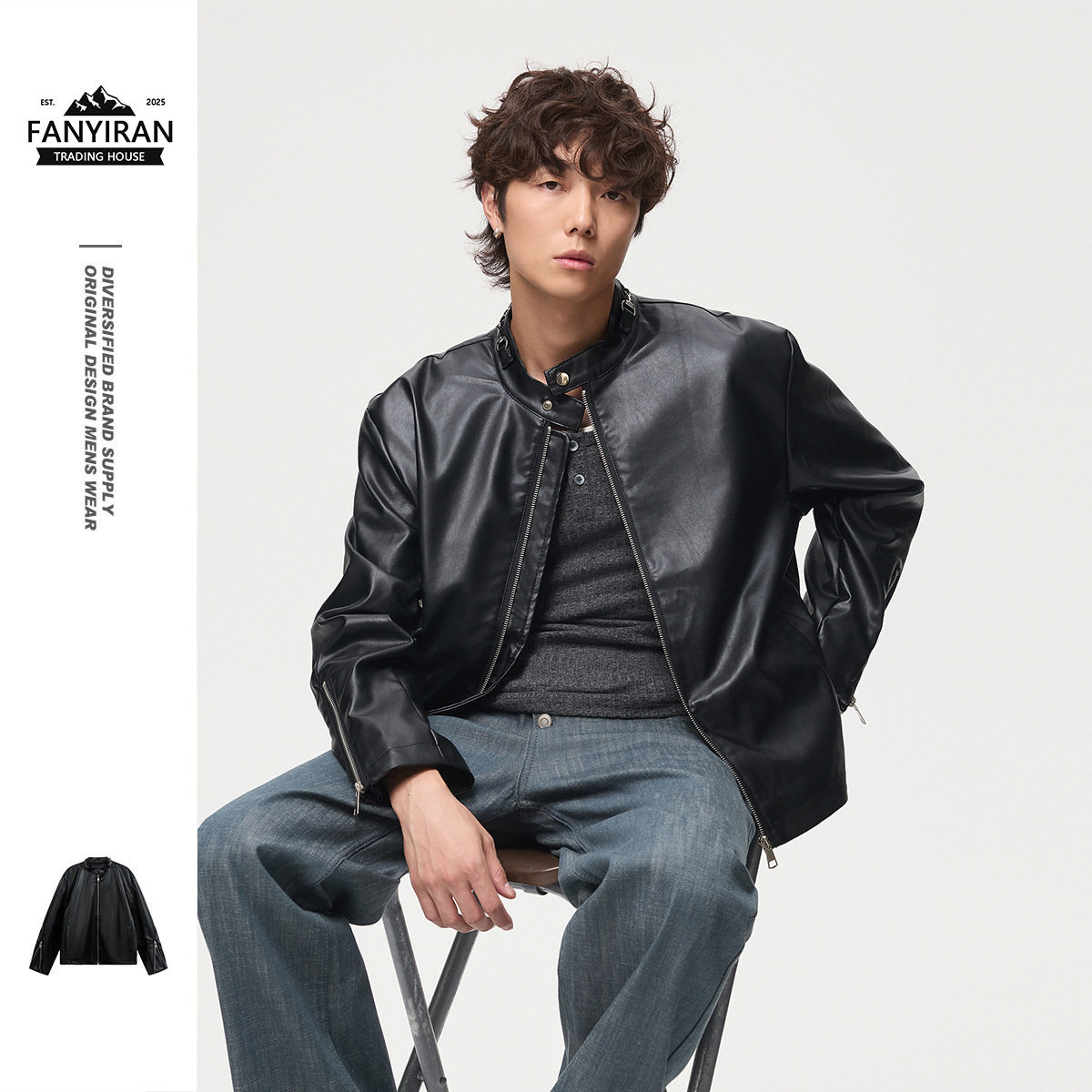 自然ANSWER ME美式复古PU皮衣外套男生潮流朋克立领机车服皮夹克