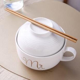 泡面碗陶瓷带盖饭盒学生宿舍用方便面杯卡通餐具碗筷套装单个大碗