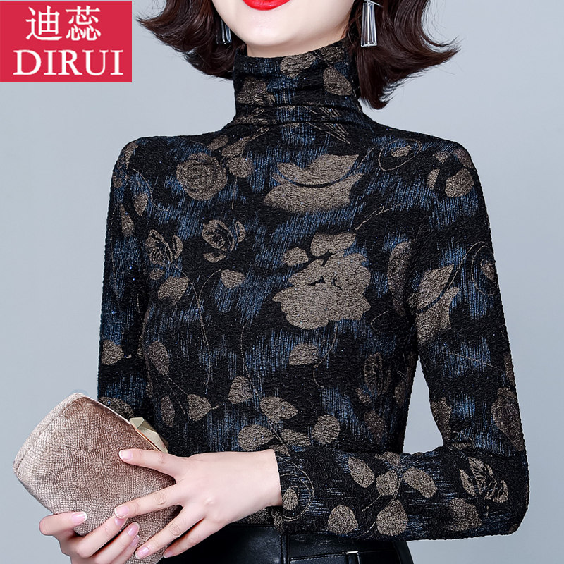 2021新款秋冬加绒加厚上衣女百搭长袖大码时尚半高领蕾丝打底衫潮