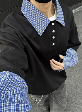 GTLA线上商店GATL韩版时尚博主穿搭大码假两件衬衫领套头卫衣外套