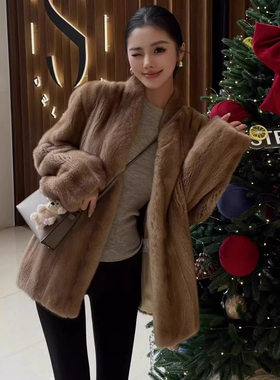 中古轻奢抽刀纹水貂环保母貂皮草V领皮毛一体中长款毛毛外套女冬