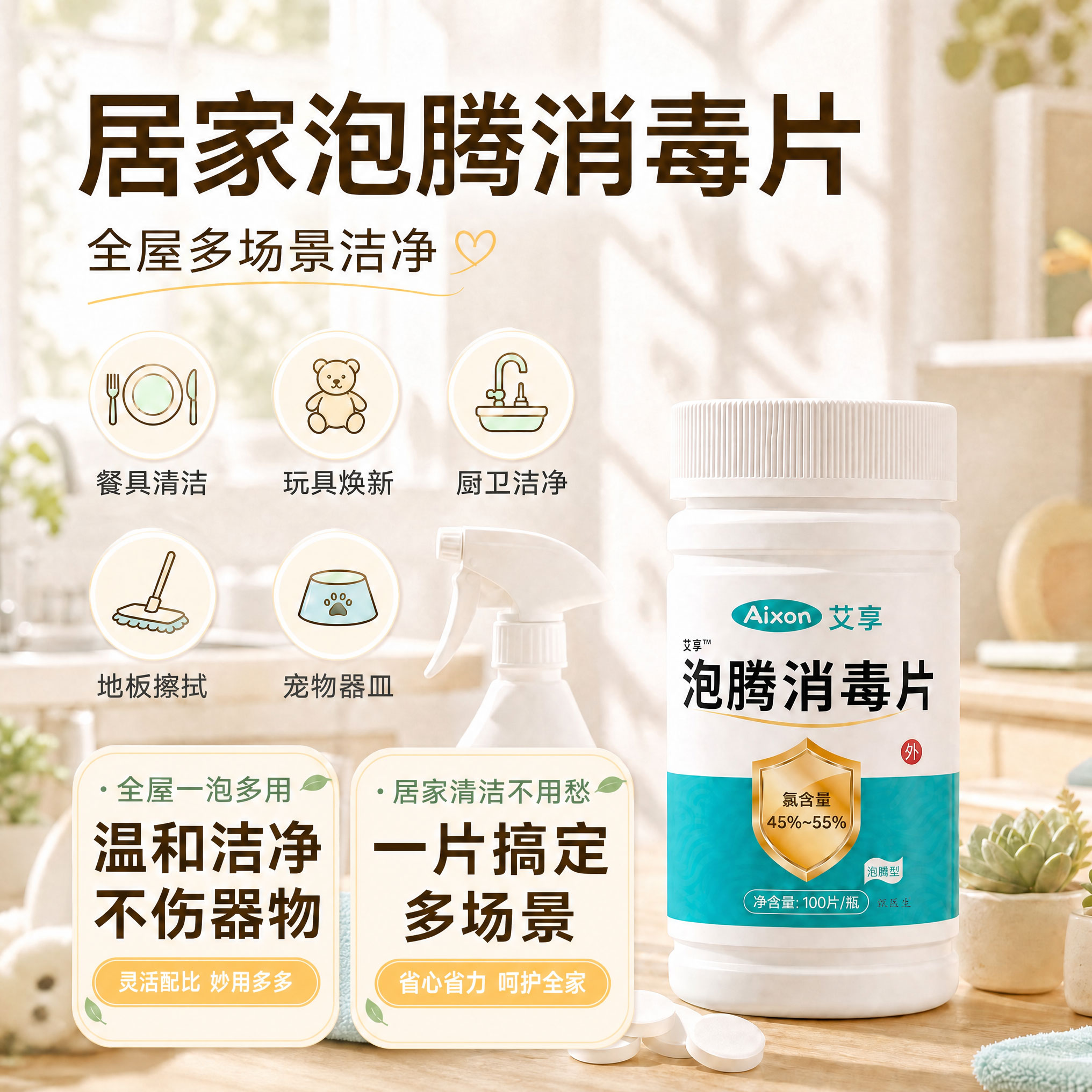含氯消毒片84泡腾片100片医用酒店地板家用厕所马桶漂白杀菌八四