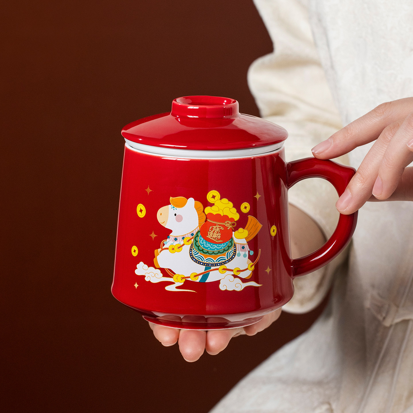 故宫文创杯子办公杯陶瓷杯带盖小马水杯女本命年红色茶杯马年礼物,餐饮具,马克杯,淘宝优惠券,粉丝福利购,淘宝优惠卷