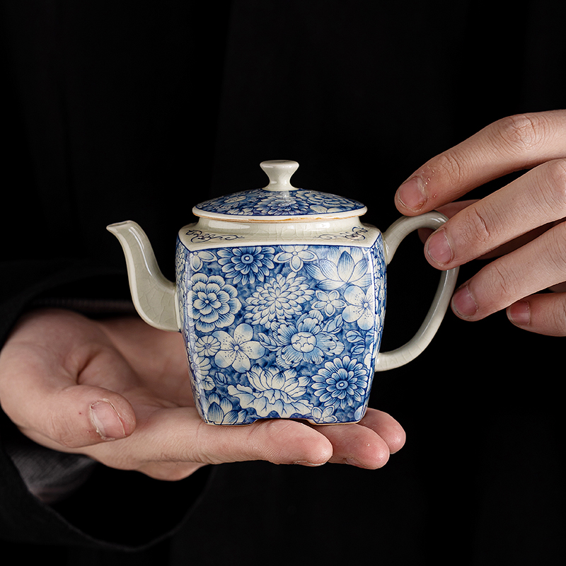 老陶泥青花茶壶手工家用四方陶瓷单壶复古功夫茶具单壶开片泡茶器