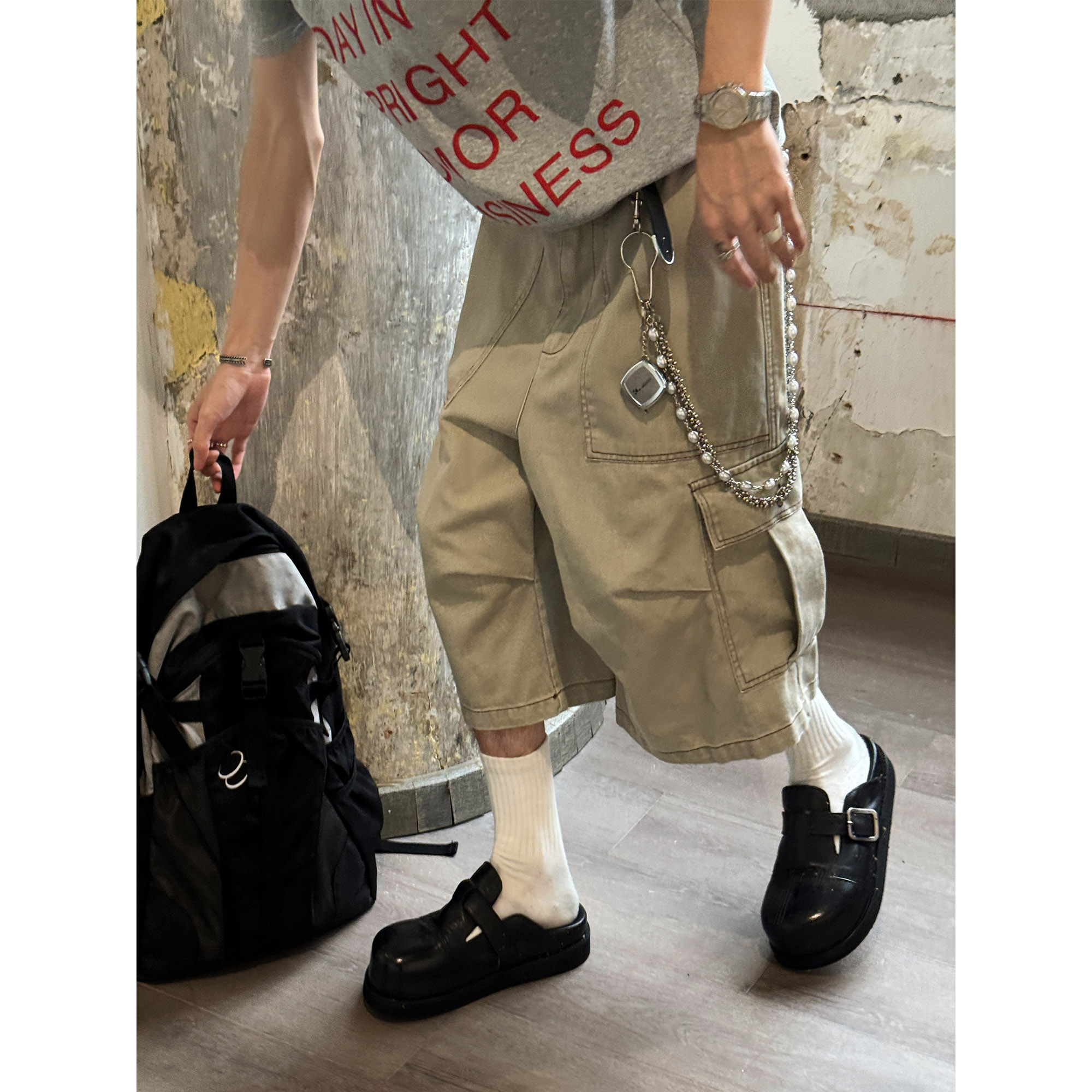 雀斑男装美式复古伞兵工装裤男夏季新款机能风休闲阔腿速干七分裤