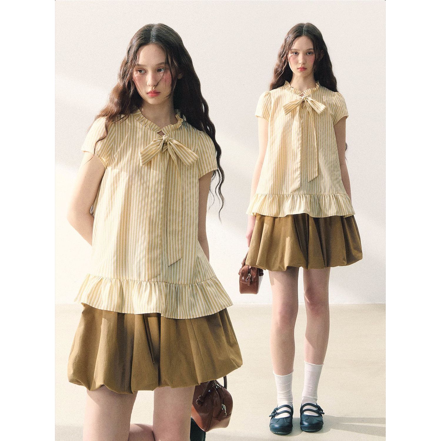 黄色条纹短袖衬衫花苞短裙套装2025夏季新款无袖设计半身裙两件套