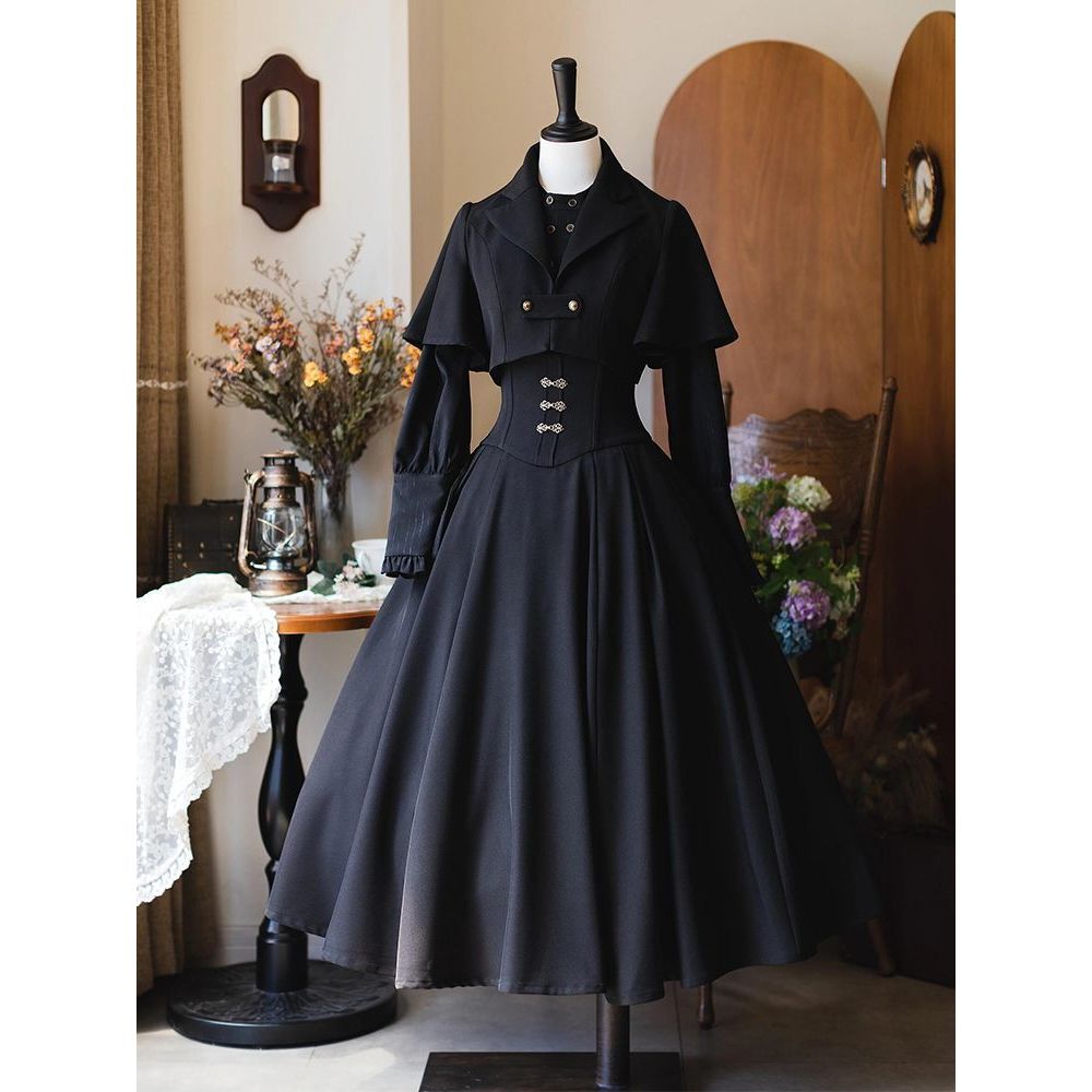 沉睡梦境 复古鱼骨挂脖收腰半裙白色衬衫披肩优雅古典秋季三件套