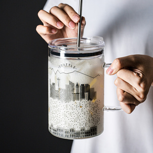 创意耐高温大容量1000ml玻璃吸管杯大号办公室喝水杯子带盖把手1l