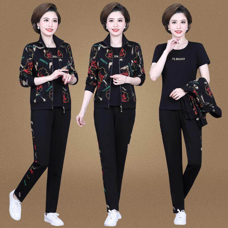 时尚妈妈运动套装女春秋三件套洋气阔太太印花外套中老年人休闲服