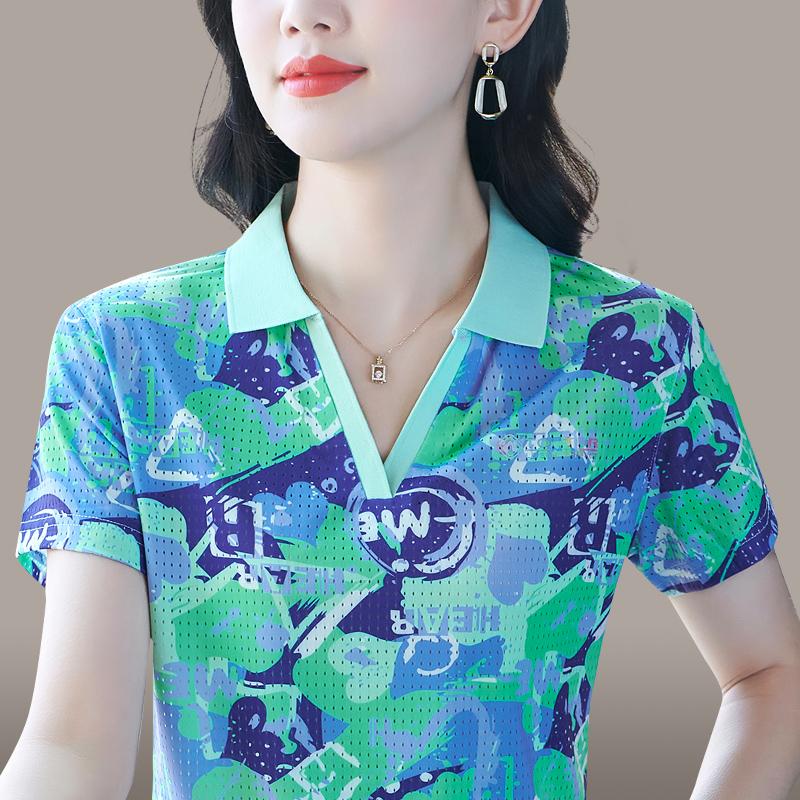 带领冰丝短袖t恤女夏季时尚气质妈妈网眼速干上衣中年花色polo衫
