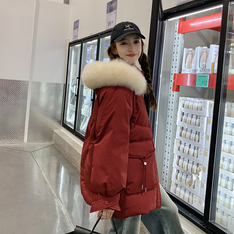 圣诞新年红色羽绒服女冬季2024新款小个子连帽保暖大毛领加厚外套