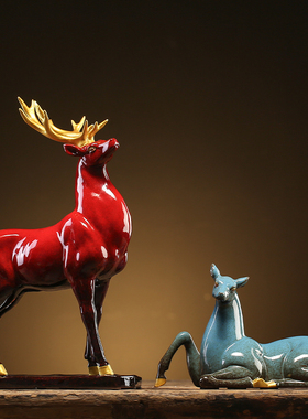 招财鹿客厅酒柜酒架装饰陶瓷摆件家居创意电视柜新房W乔迁礼物玄