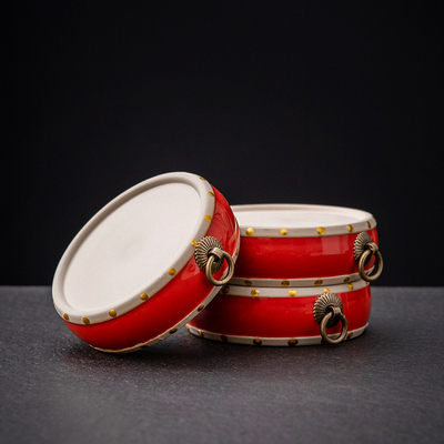 国潮国风新中式红色钟鼓工艺品摆件茶壶底座盖置博古架书房装饰品