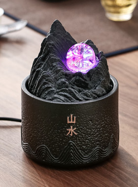 速发装水摆件桌面茶台新中式假山喷泉财运球生转招财禅意景观流饰