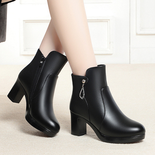 意尔康真皮短靴女鞋冬季中跟棉靴粗跟保暖加绒马丁靴羊毛高跟女靴