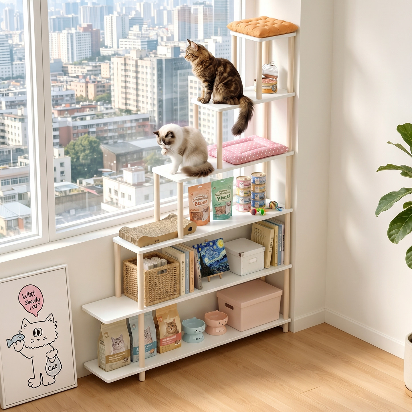 多层窗边落地猫爬架猫窝玩具收纳图片