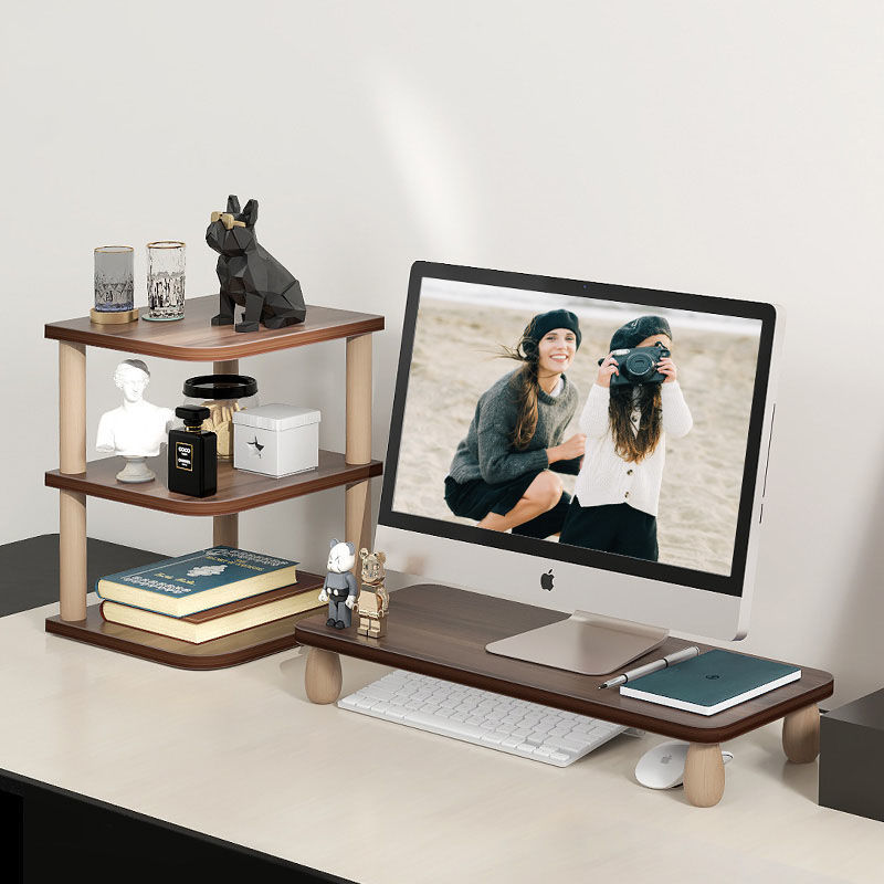 胡桃木色桌面增高收纳架