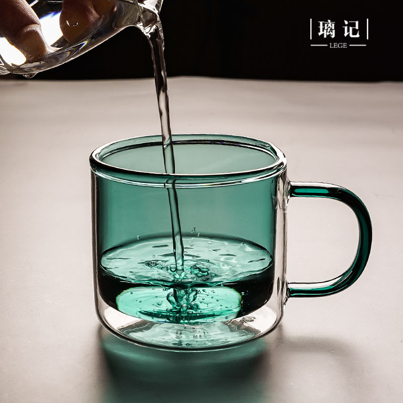 双层玻璃咖啡杯 彩色带把喝水玻璃杯 耐热双层防烫水杯家用泡茶杯