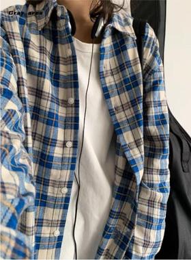 日系复古青春学院风男女生小众蓝色拼色格纹长袖衬衫情侣衬衣外套