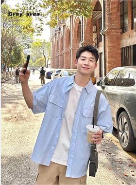 日系复古潮牌蓝色翻领工装衬衫男生新款夏季宽松百搭休闲短袖衬衣