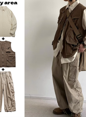 秋季套装日系复古纯色长袖衬衫男cityboy宽松休闲工装衬衣外套潮