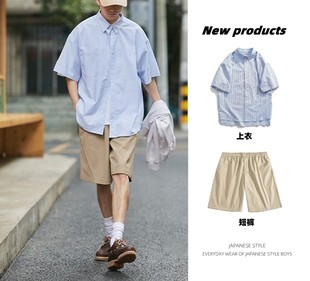 襯衫 夏季 男女ins鹽系男友風淺藍條紋短袖 短褲 套裝 cityboy日系工裝