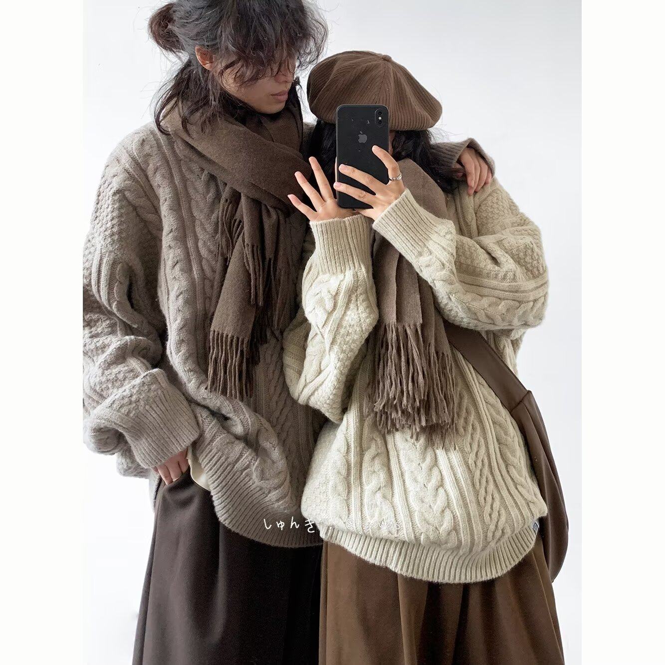 秋冬款日系复古提花纯色套头毛衣男女港风宽松休闲情侣打底针织衫