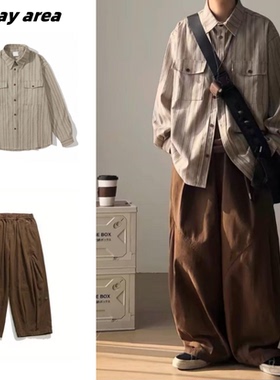 春秋季日系套装复古竖条纹长袖衬衫男女学院风宽松休闲叠穿衬衣