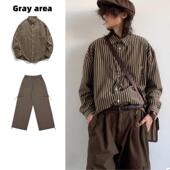 男女港风宽松休闲百搭长袖 春秋套装 日系复古条纹翻领衬衫 衬衣外套