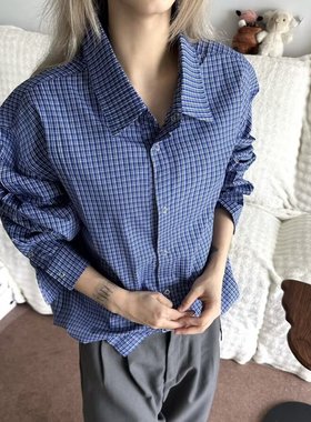 春秋美式复古千鸟格子衬衫男女高级感蓝色细格纹外穿衬衣薄款外套