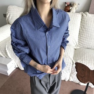 春秋美式复古千鸟格子衬衫男女高级感蓝色细格纹外穿衬衣薄款外套