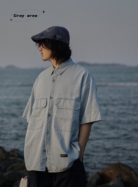 夏季日系复古水洗浅蓝色牛仔短袖衬衫男女休闲宽松叠穿工装衬衣潮