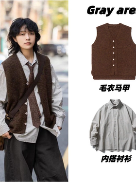 春秋日系复古毛衣马甲男女中性风V领宽松休闲叠穿无袖针织衫背心