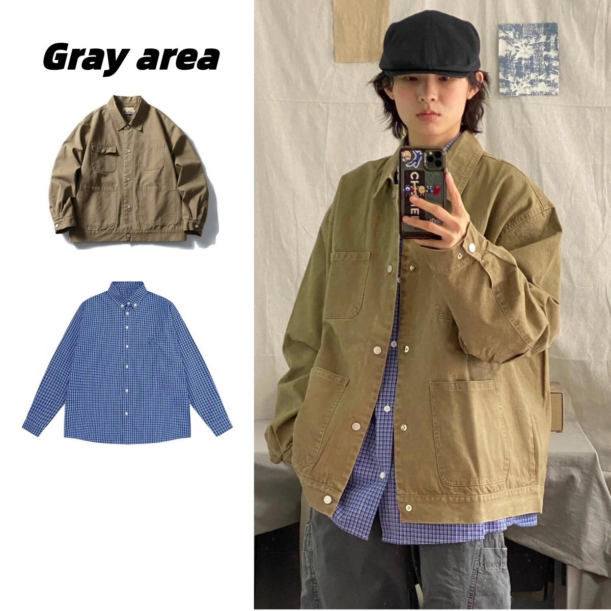 两件装春秋日系复古卡其色翻领夹克男女款多口袋宽松休闲工装外套