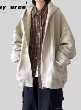 日系复古开衫单排扣连帽卫衣男女cityboy宽松休闲华夫格情侣外套