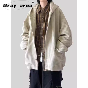 日系复古开衫 单排扣连帽卫衣男女cityboy宽松休闲华夫格情侣外套