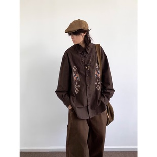 春秋季 男深棕色外穿宽松休闲盘扣衬衣 日系复古风民族风刺绣衬衫
