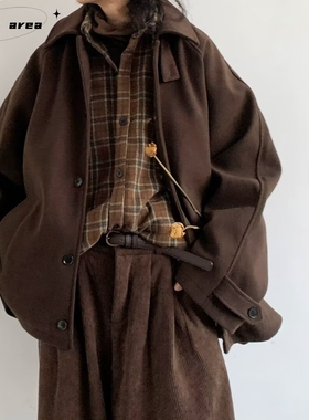 秋冬日系港风复古美拉德单排扣毛呢外套男女宽松休闲呢子大衣夹克