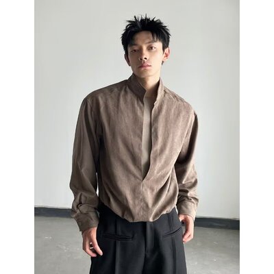 春秋季美式复古老钱风假两件长袖衬衫男女短宽版型慵懒氛围感衬衣