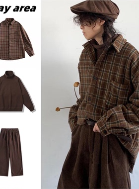 秋冬季套装日系复古格子毛呢衬衫男女港风宽松加厚格纹呢子外套