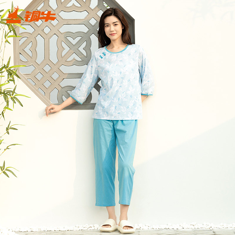 铜牛内衣 女士春夏家居睡衣 汗布印花圆领中式七分袖九分裤套装,女士内衣/男士内衣/家居服,睡衣/家居服套装,淘宝优惠券,粉丝福利购,淘宝优惠卷