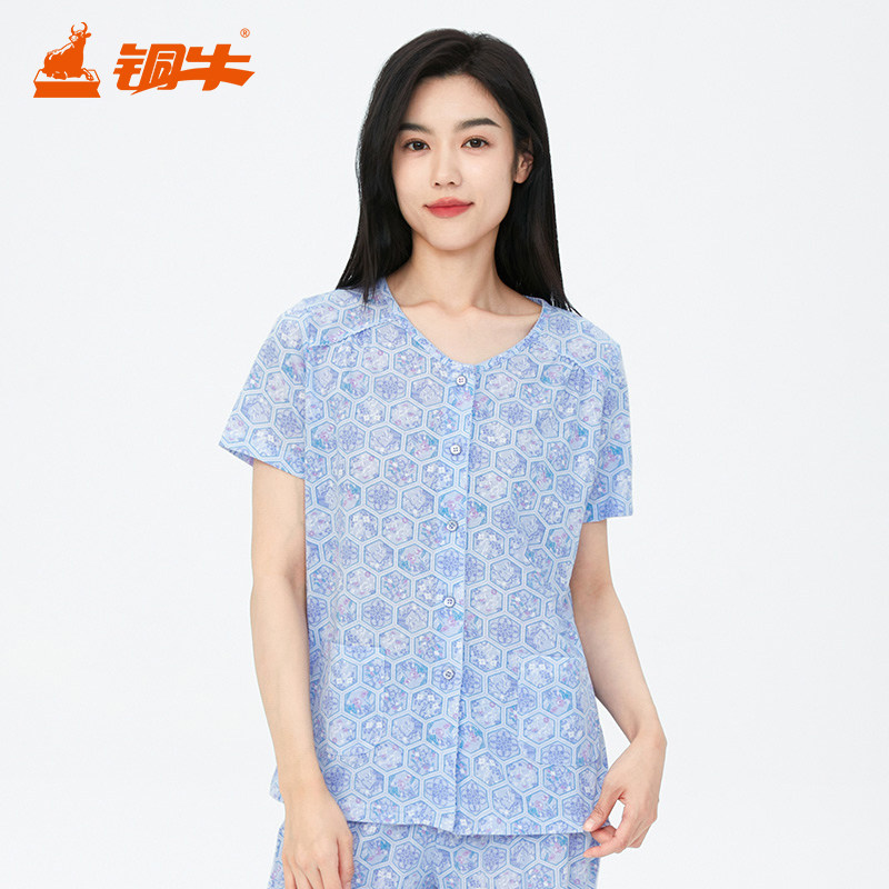 铜牛纯棉汗布半袖开襟女衫 春夏新花色家居短袖衫睡衣上衣女VS264