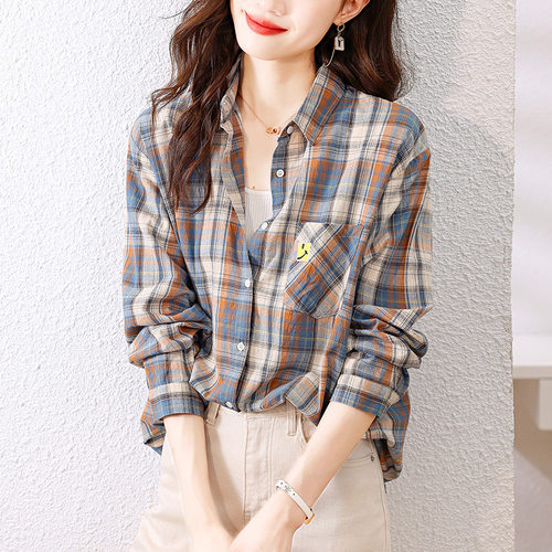 厂家直销格子衬衫女长袖2025春装上衣气质文艺复古纯棉休闲衬衣