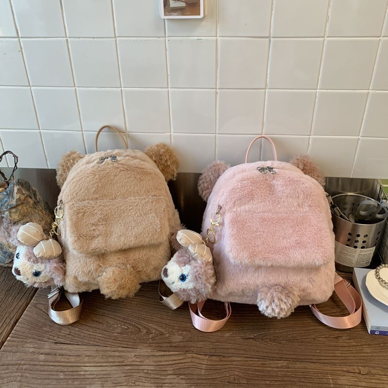 原创粉色毛绒双肩包女可爱小熊耳朵毛毛包小清新可爱书包女迷你