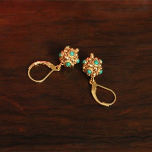 手工制925银花丝镀金镶天然松石蜻蜓眼仿隋代李静训链珠子耳环