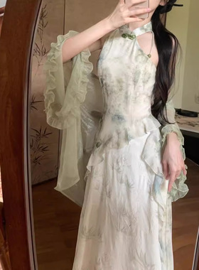 新中式2025新款改良小清新国风夏季年轻款挂脖少女旗袍连衣裙洋气