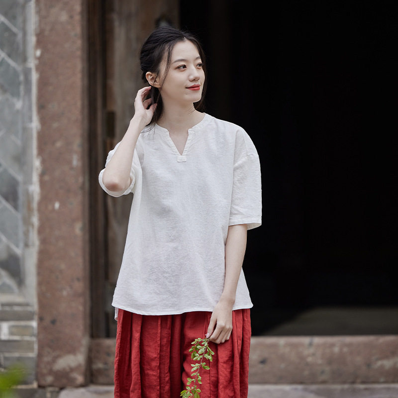 棉麻女装25夏文艺V领薄款前短后长休闲飘逸上衣衬衫女短袖棉麻T恤