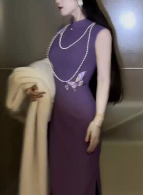 原创自制高级重工西装弹力刺绣改良修身无袖旗袍连衣裙 紫蝶少女