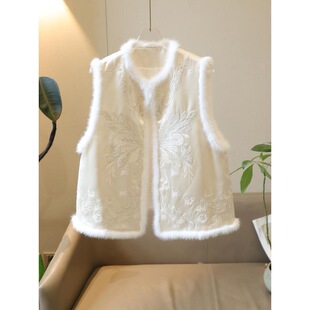 秋冬季新款仙气名媛风蝴蝶钉珠提花高级感夹棉加厚无袖毛边马甲