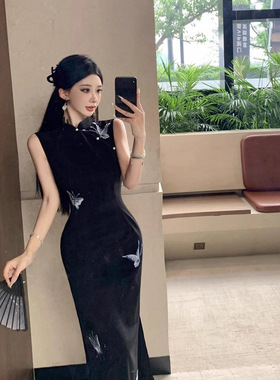 新中式国风蝴蝶改良旗袍年轻款少女气质修身显瘦无袖黑色连衣裙